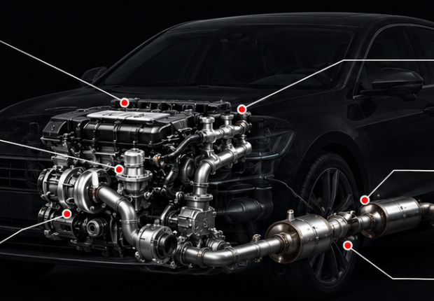 Mapa visual del motor, la admisión, el turbo, el catalizador y el escape